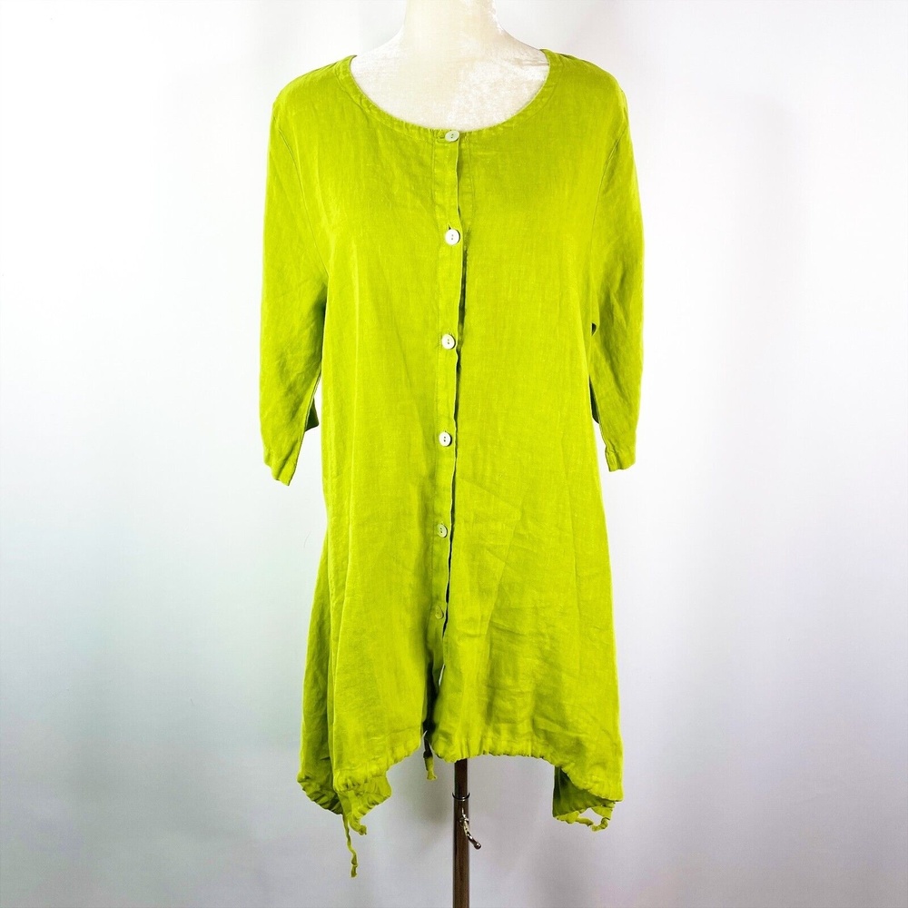 Bryn Walker Linen Tunic Size Large L Chartreuse Green Lagenlook Button Down